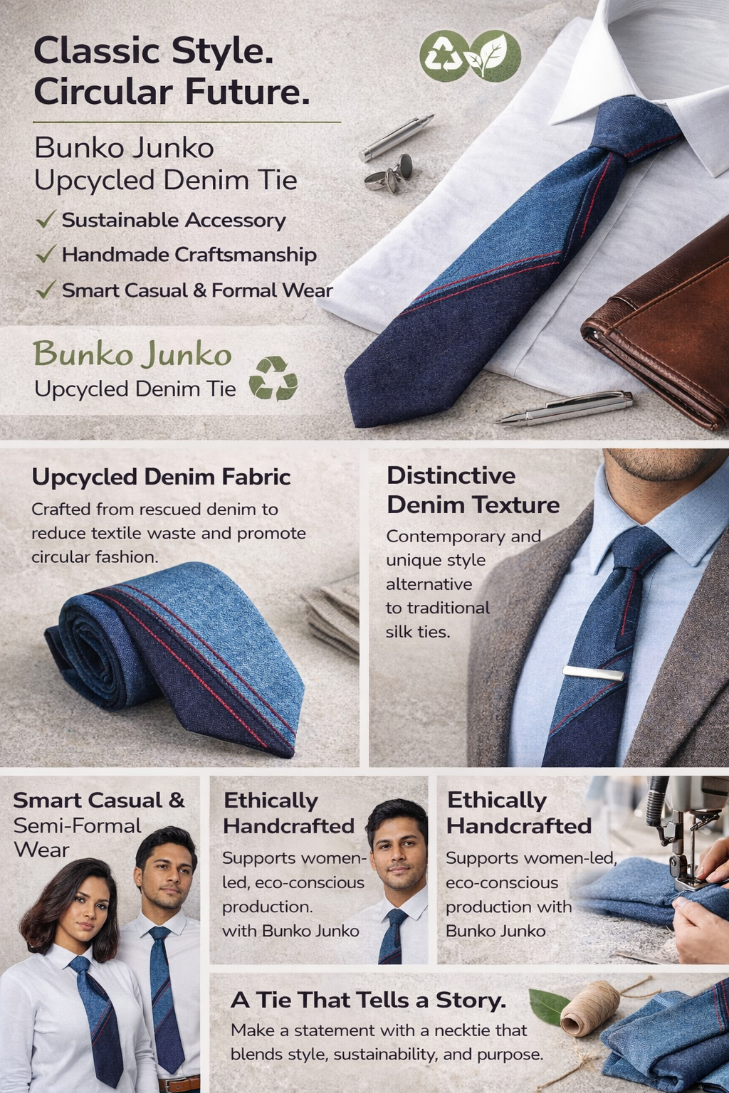 Denim Neck Tie for Men & Women - Bunko Junko