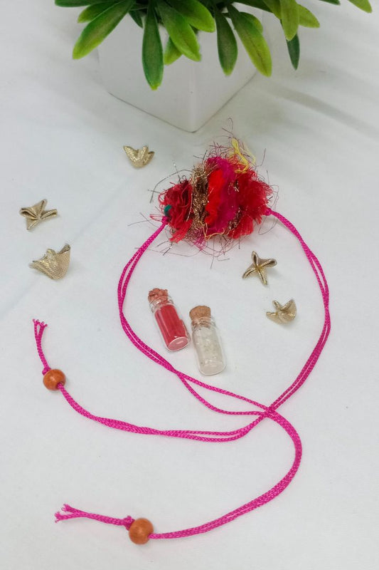 Handcrafted textile Rakhi made from eco-friendly offcuts for Pavitra Tyohar celebration.